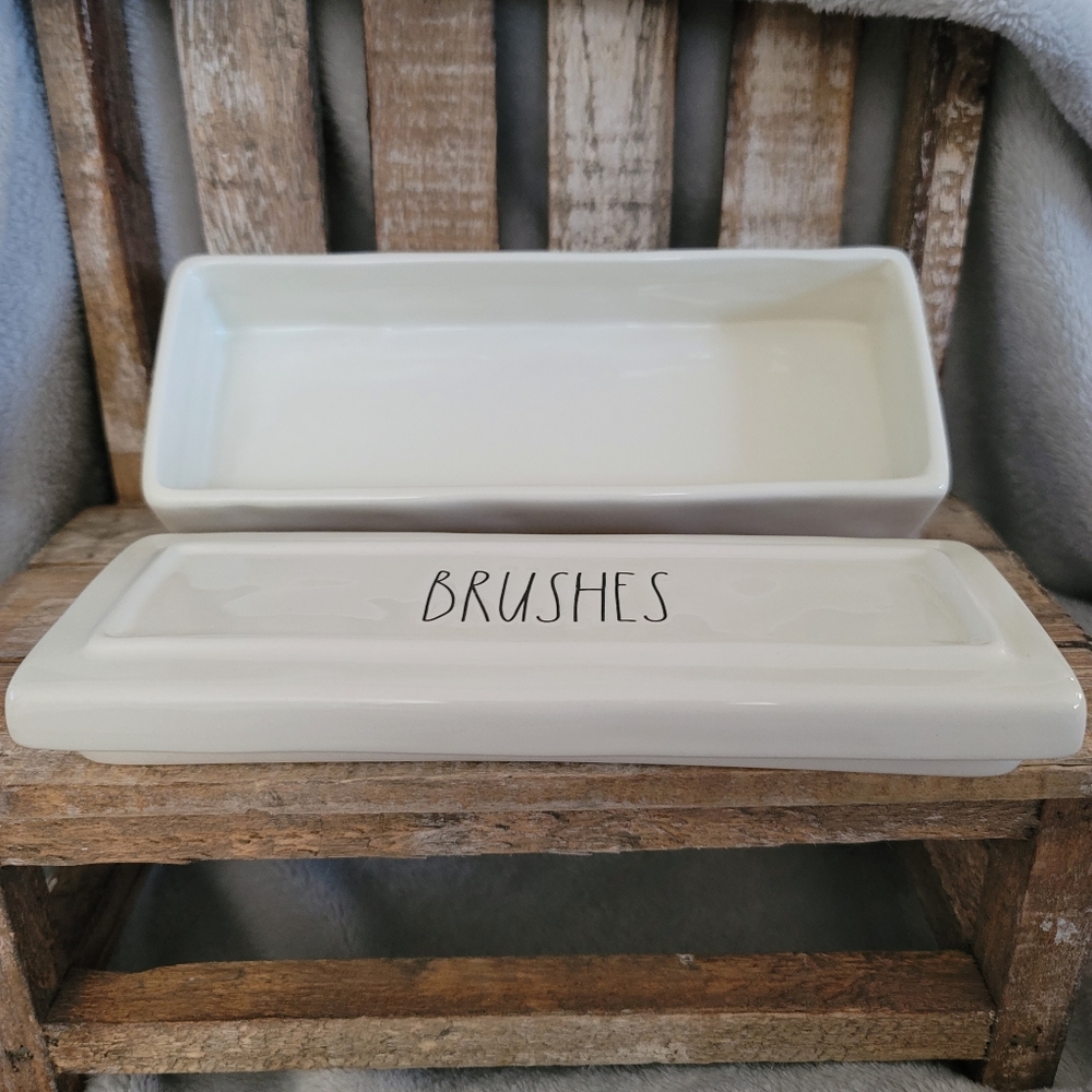 Rae Dunn Cream Ceramic 'BRUSHES' Storage Box - Picture 3 of 5
